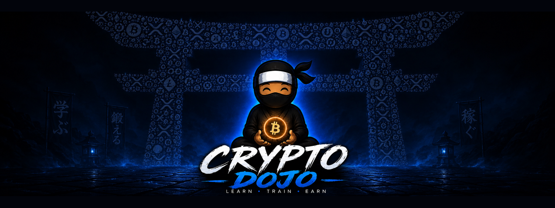 Crypto Dojo ninja beneath a crypto-symbol torii gate holding a Bitcoin, with Crypto Dojo branding.